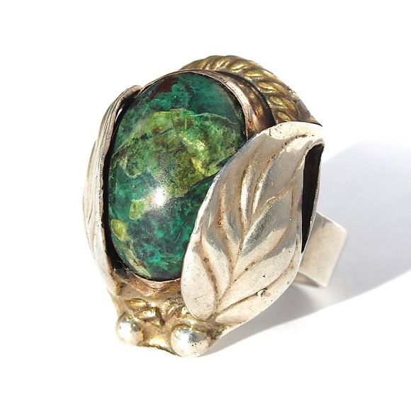 Vintage Green Chrysocolla Sterling Silver Leaf Statement Ring Size 5.5 Mexican - Picture 1 of 8